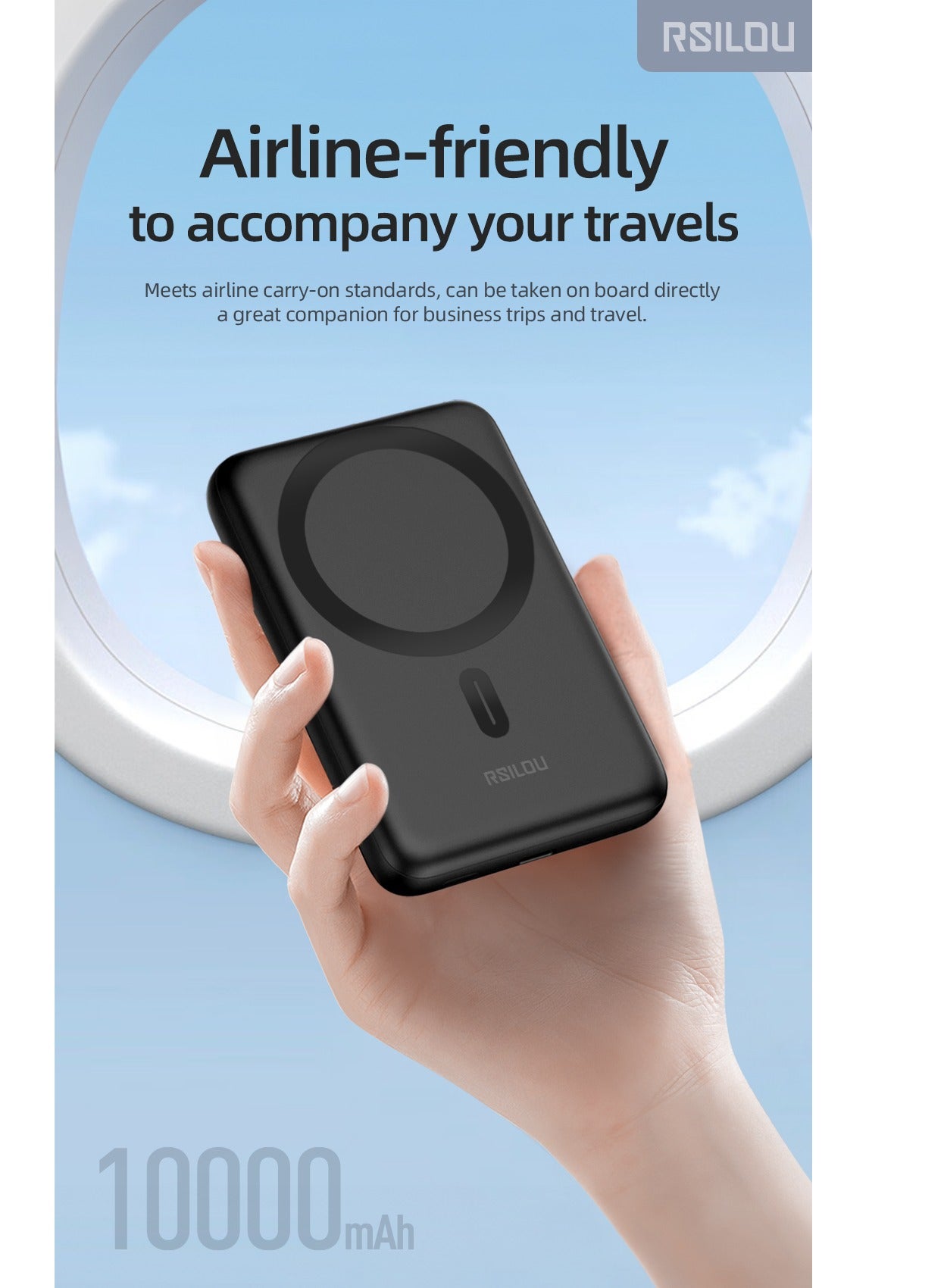 R1020-001 power bank 20W Fast charger, 10000mAh, wireless magsafe magnetic charging, thin and lightweight, black