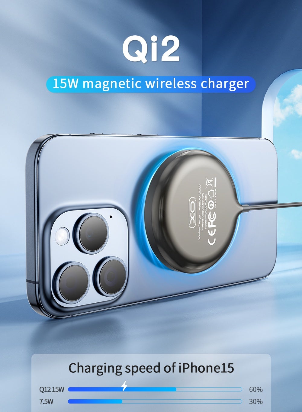 XO CX029 Magnetic Wireless Charger 15W Fast Charging Pad for iPhone and Android Translucent Design