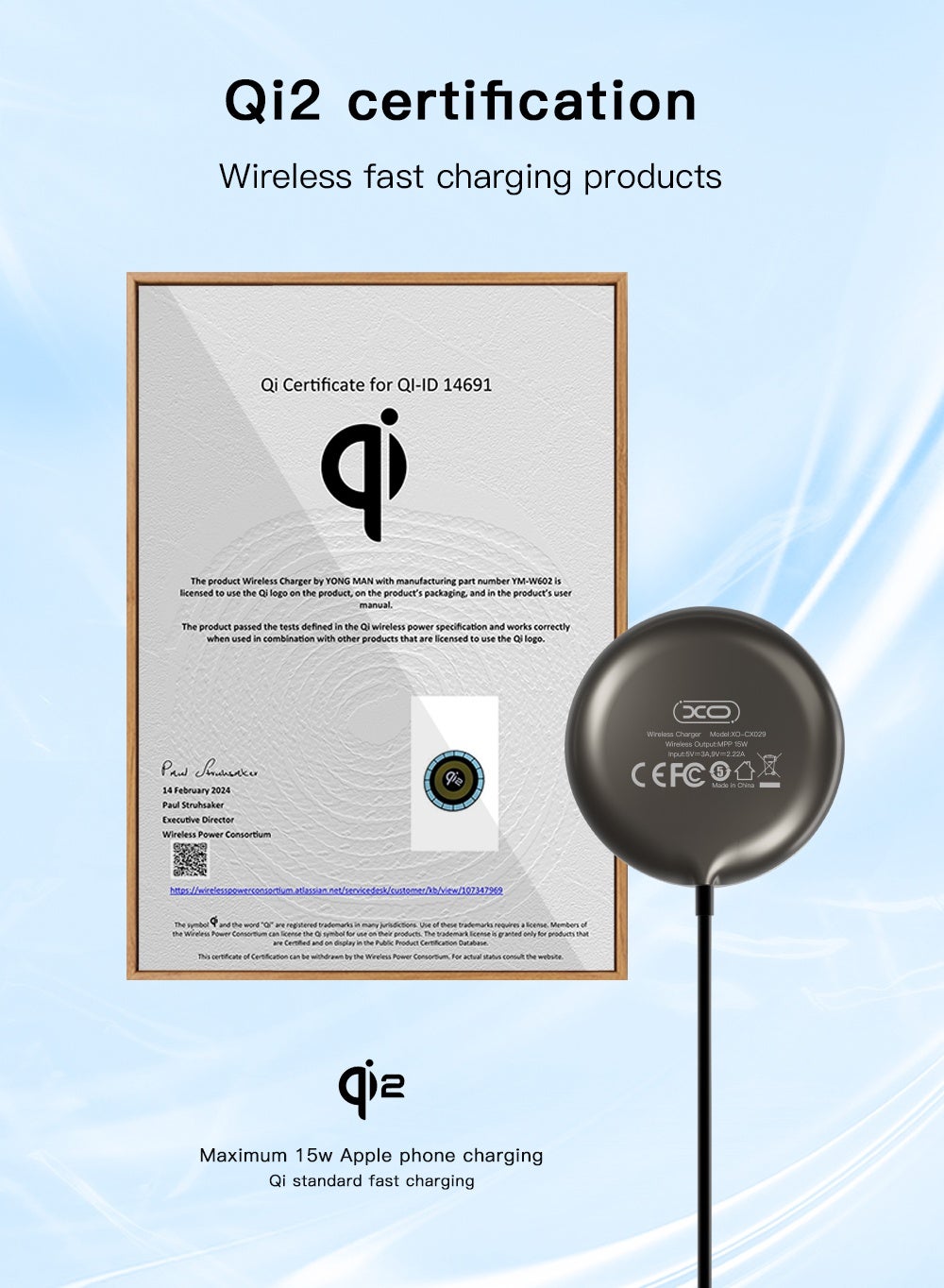 XO CX029 Magnetic Wireless Charger 15W Fast Charging Pad for iPhone and Android Translucent Design