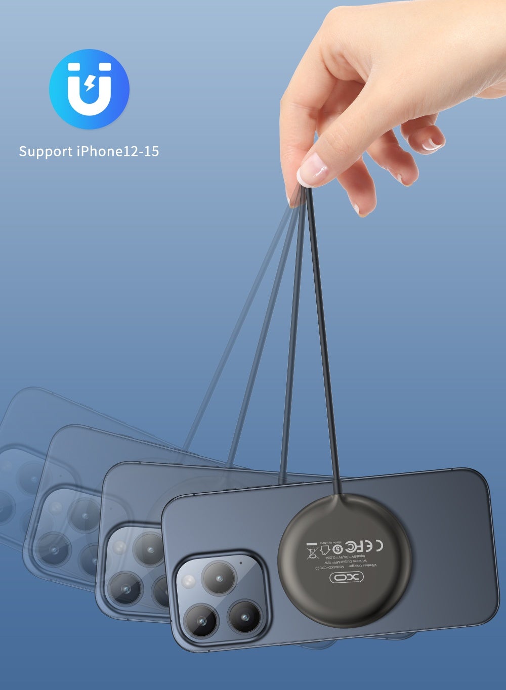 XO CX029 Magnetic Wireless Charger 15W Fast Charging Pad for iPhone and Android Translucent Design