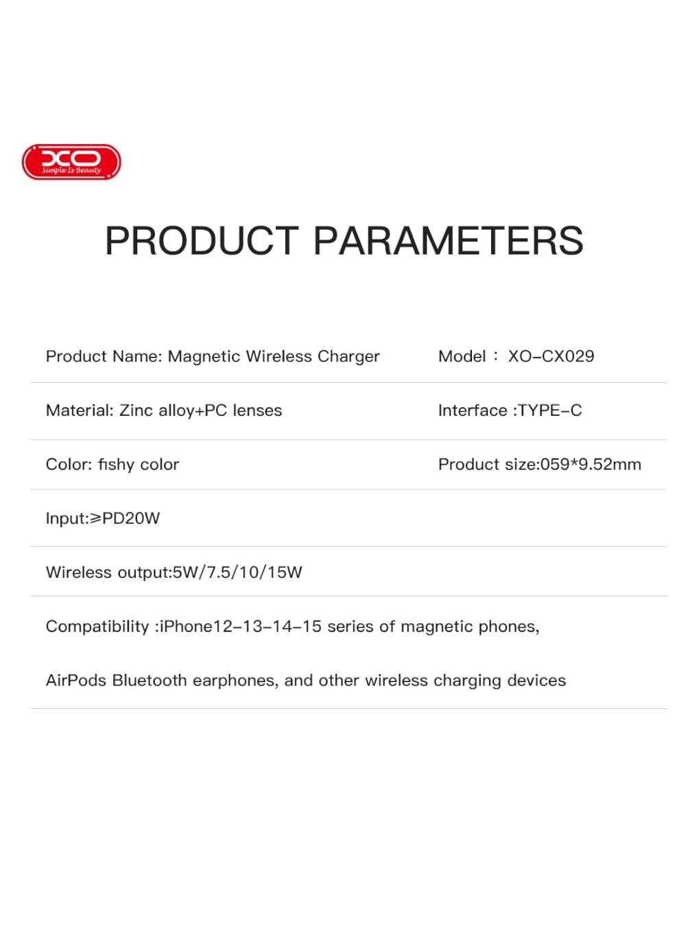 XO CX029 Magnetic Wireless Charger 15W Fast Charging Pad for iPhone and Android Translucent Design