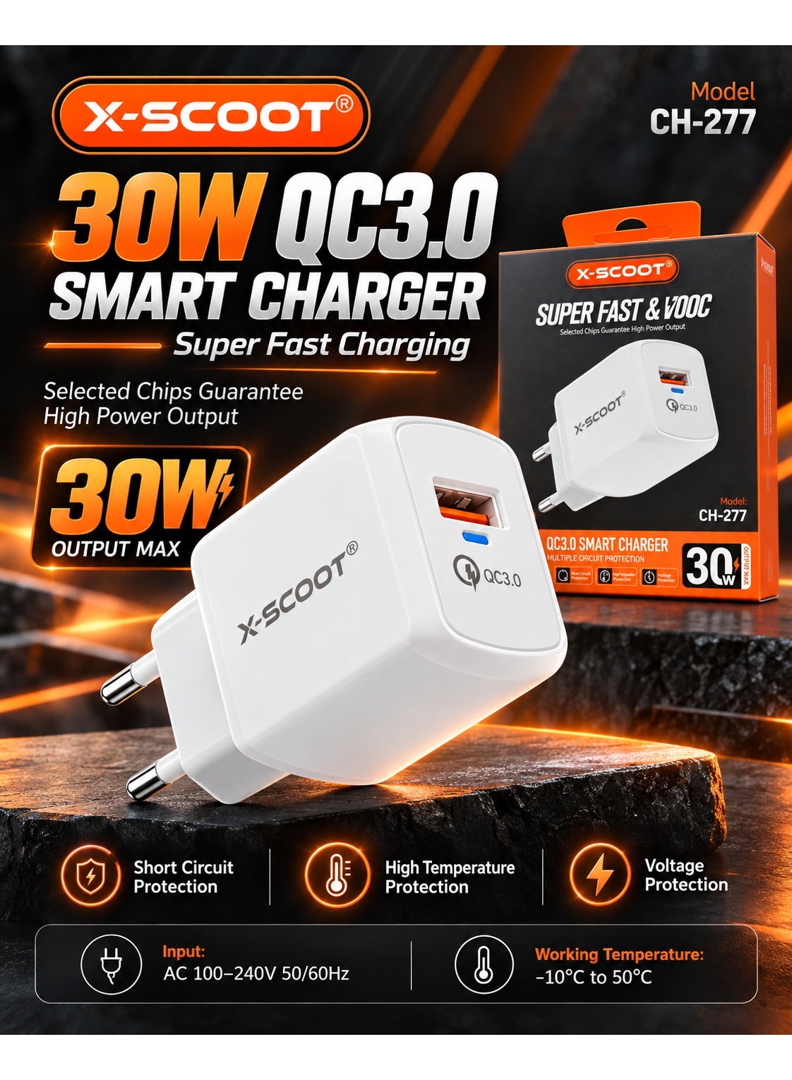 CH-277 30W QC3.0 Smart Wall Charger, Super Fast VOOC Charging Adapter, High Power Output, Multiple Circuit Protection, Short Circuit High Temperature and Voltage Protection, AC 100-240V
