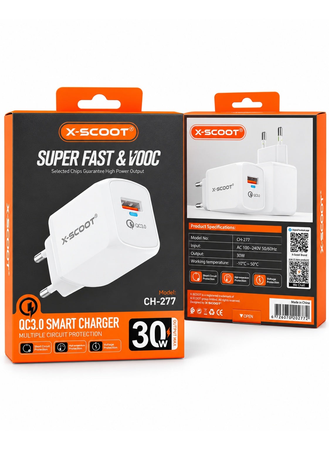 CH-277 30W QC3.0 Smart Wall Charger, Super Fast VOOC Charging Adapter, High Power Output, Multiple Circuit Protection, Short Circuit High Temperature and Voltage Protection, AC 100-240V
