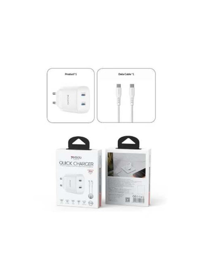 YC109 45W Dual USB-C PD Charger with USB-C Cable - White