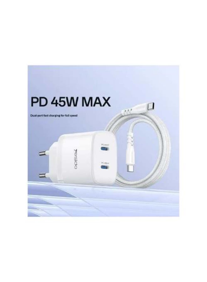 YC109 45W Dual USB-C PD Charger with USB-C Cable - White