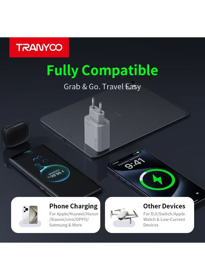 TRANYOO 30W Type-C to Type-C Fast Charger Compatible with Samsung Galaxy A54/S23 /A34/S22/A53/M53/S24+/C55/A14/A15/A24/M55 and OPPO (Gray)