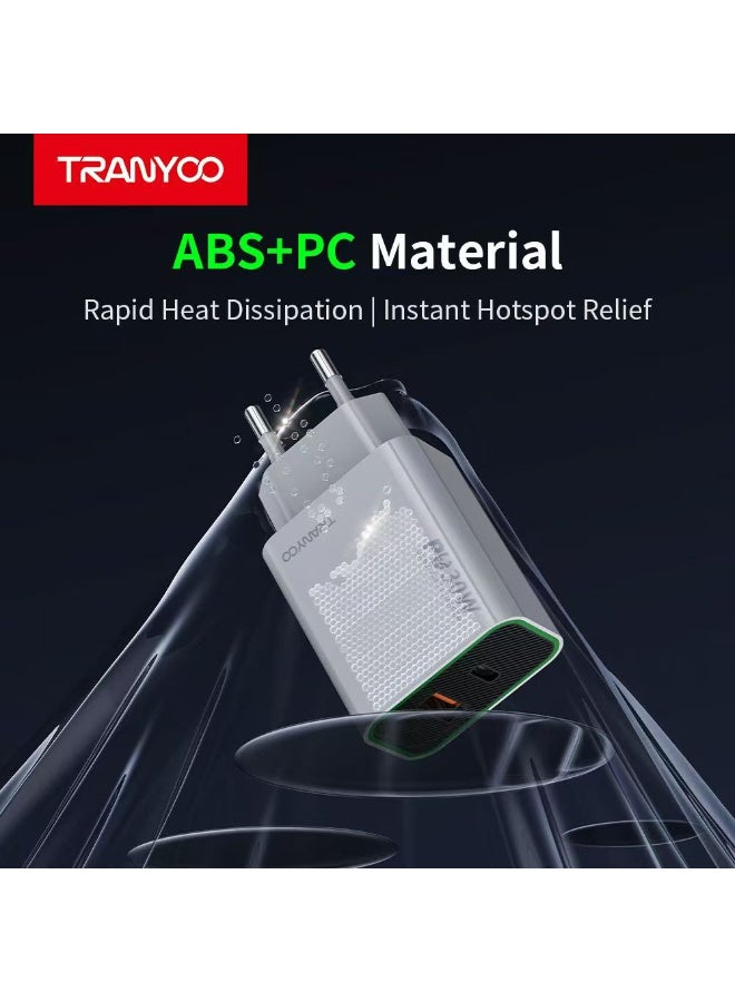 TRANYOO 30W Type-C to Type-C Fast Charger Compatible with Samsung Galaxy A54/S23 /A34/S22/A53/M53/S24+/C55/A14/A15/A24/M55 and OPPO (Gray)