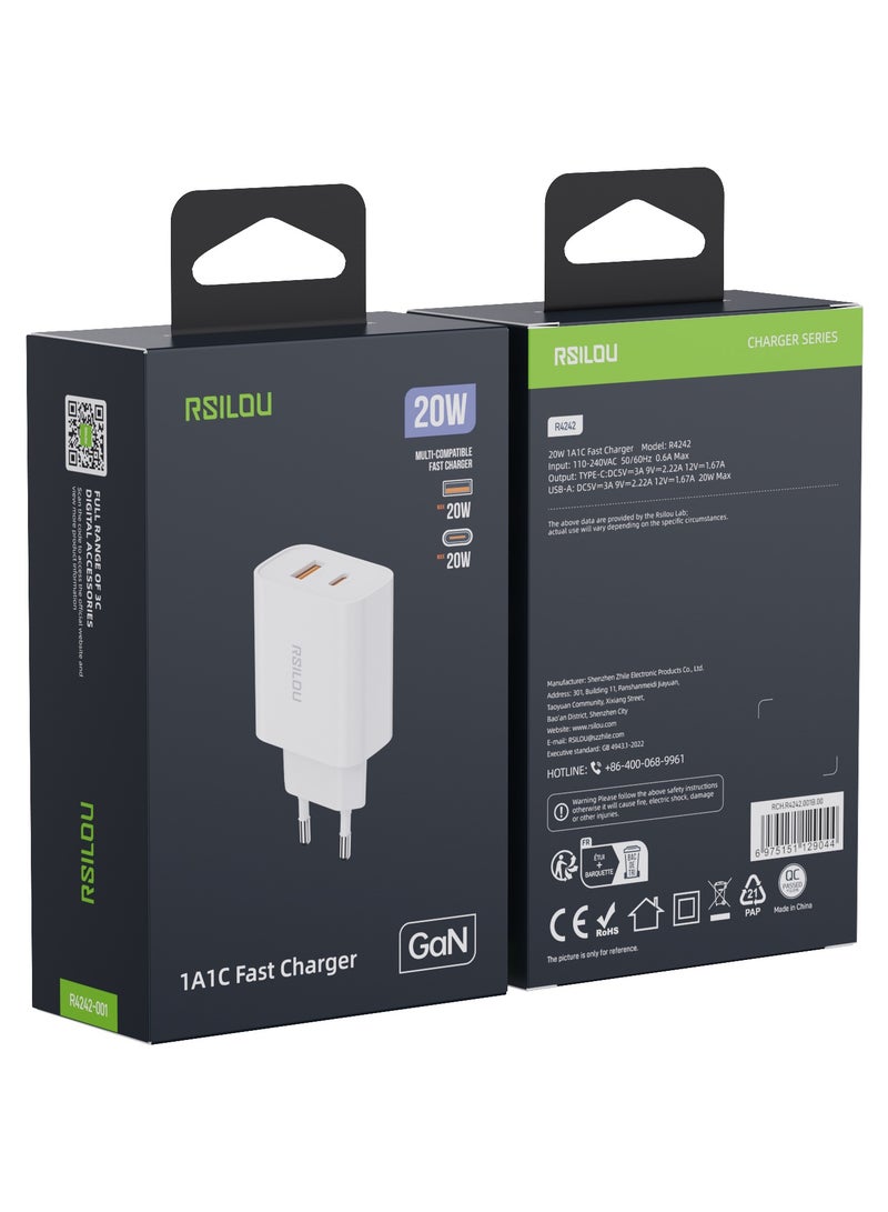 R4242-001 Dual Port 20W Fast Charger, each port 20W, USB-A and USB-C, Power Two Devices at Once, Supports apple and all smartphones, tablets, Bluetooth headphones, and more, MultiProtect Protection