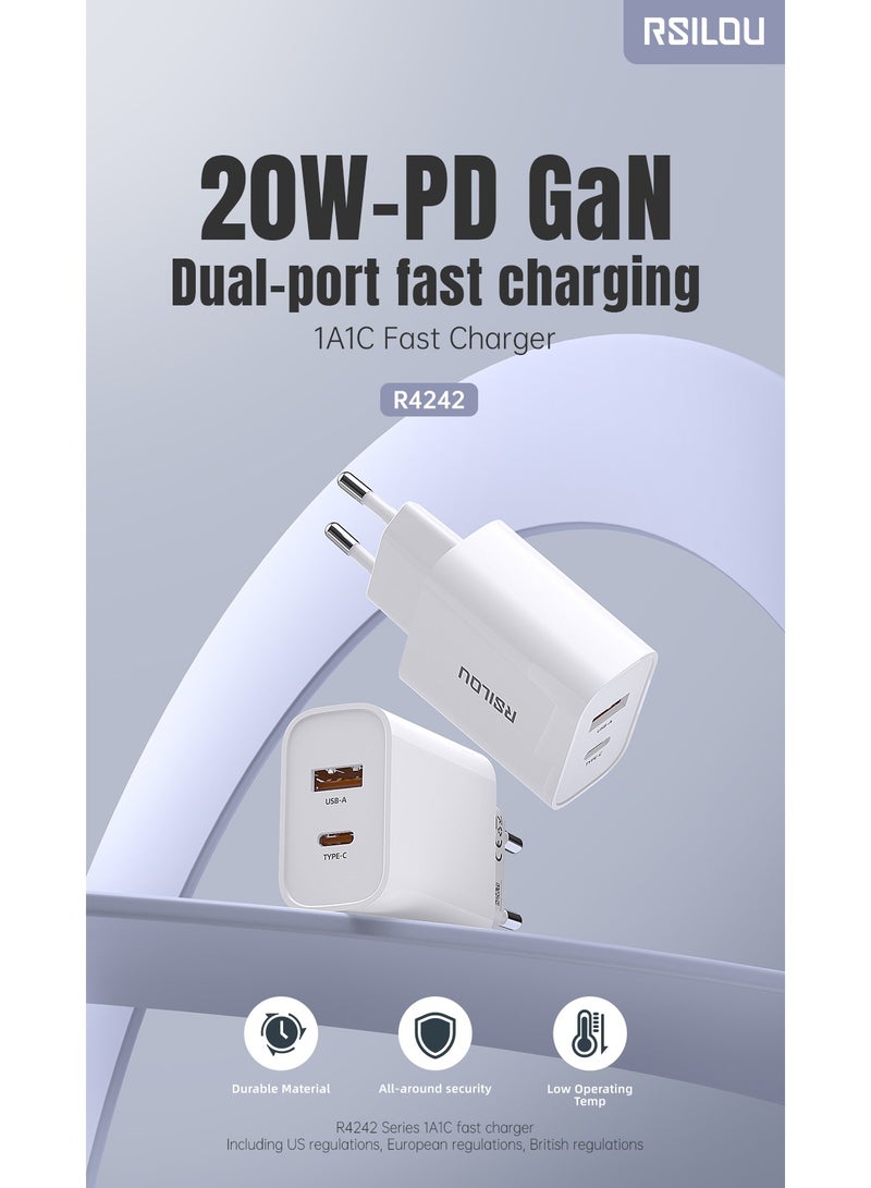 R4242-001 Dual Port 20W Fast Charger, each port 20W, USB-A and USB-C, Power Two Devices at Once, Supports apple and all smartphones, tablets, Bluetooth headphones, and more, MultiProtect Protection
