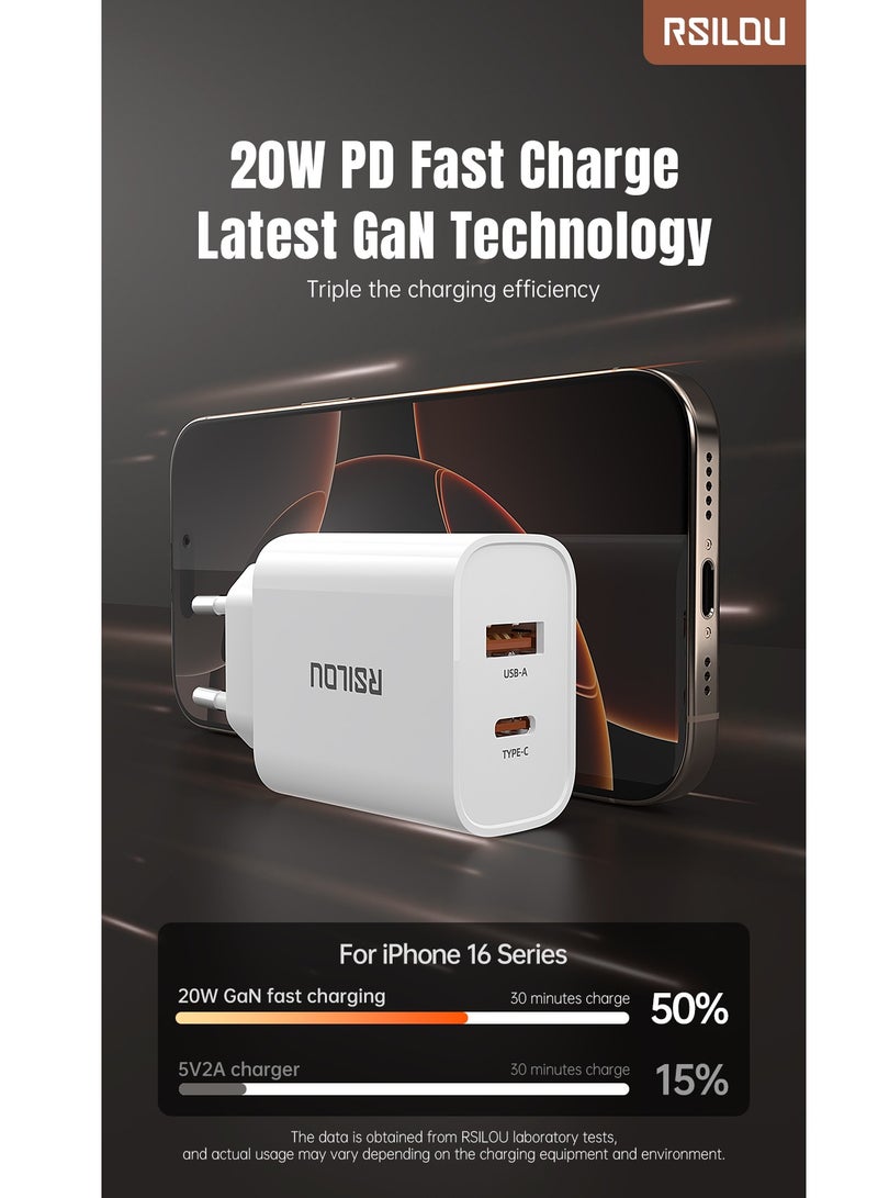R4242-001 Dual Port 20W Fast Charger, each port 20W, USB-A and USB-C, Power Two Devices at Once, Supports apple and all smartphones, tablets, Bluetooth headphones, and more, MultiProtect Protection