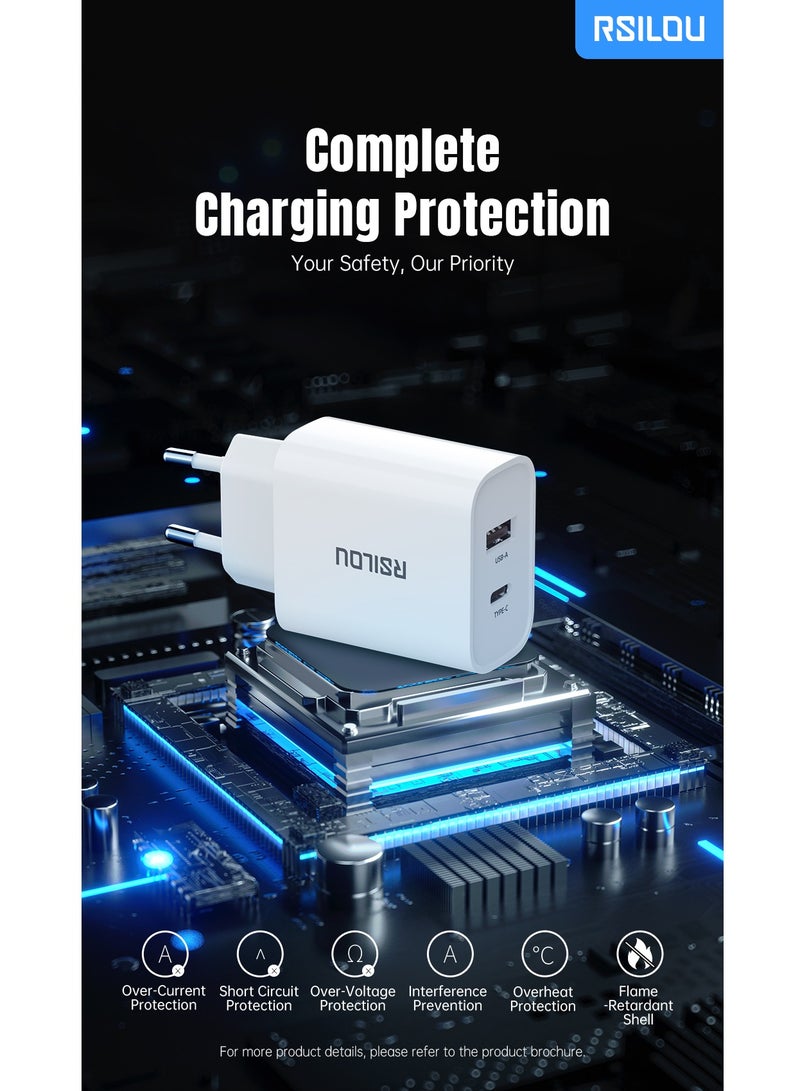 R4242-001 Dual Port 20W Fast Charger, each port 20W, USB-A and USB-C, Power Two Devices at Once, Supports apple and all smartphones, tablets, Bluetooth headphones, and more, MultiProtect Protection