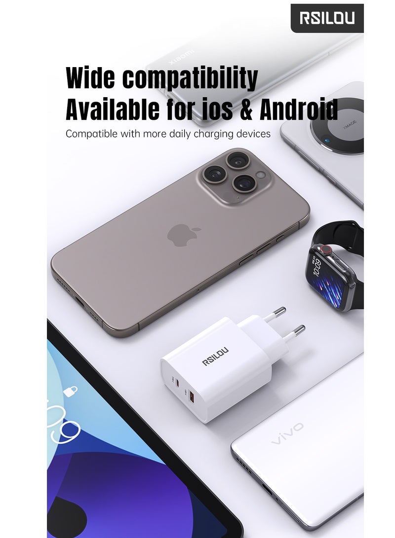 R4242-001 Dual Port 20W Fast Charger, each port 20W, USB-A and USB-C, Power Two Devices at Once, Supports apple and all smartphones, tablets, Bluetooth headphones, and more, MultiProtect Protection
