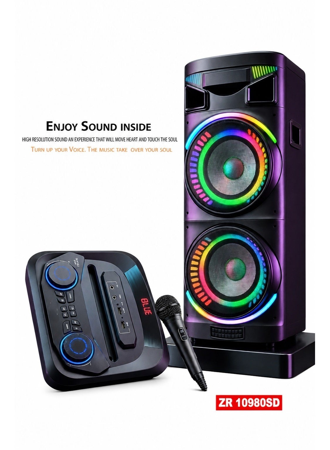 ZERO ZR 10980 SD Party Speaker, Dual 12-Inch Woofer, 80W RMS, Bluetooth,Rechargeable, Black