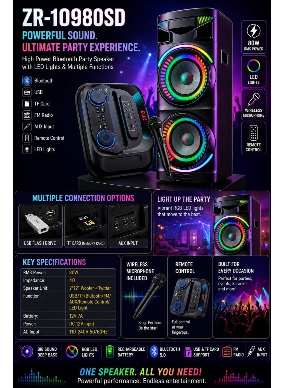 ZERO ZR 10980 SD Party Speaker, Dual 12-Inch Woofer, 80W RMS, Bluetooth,Rechargeable, Black
