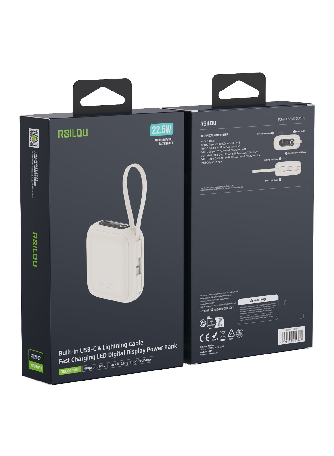 rsilou R1021-001 10000mAh Capacity Power Bank,PD, Built-in Type-C and Lightning Cables, 22.5W Fast Charging Per Port, 38.5 Total Max Output Power, Multi-Device Compatibility, Digital Display