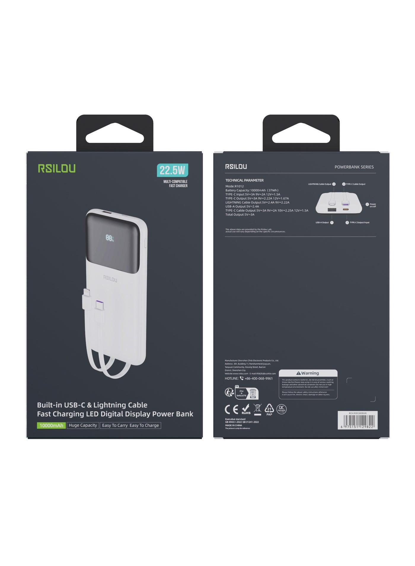 R1012-002 Dual Cabled Power Bank 10000mAh Capacity, Cabled Power Bank, Fast Charging, Digital Display, 22.5W Output Power, PD, 4 Output Ports, Built-in Type-C and Lightning Cables