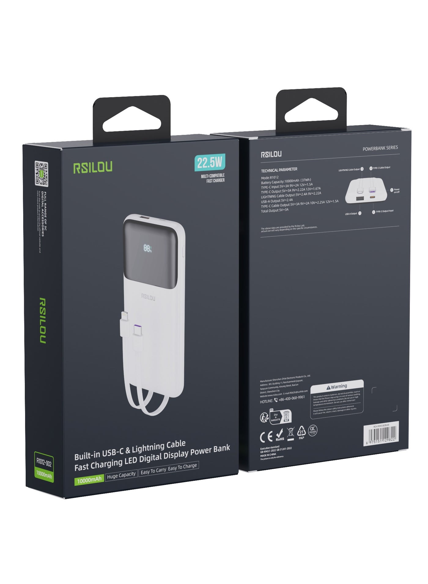 R1012-002 Dual Cabled Power Bank 10000mAh Capacity, Cabled Power Bank, Fast Charging, Digital Display, 22.5W Output Power, PD, 4 Output Ports, Built-in Type-C and Lightning Cables