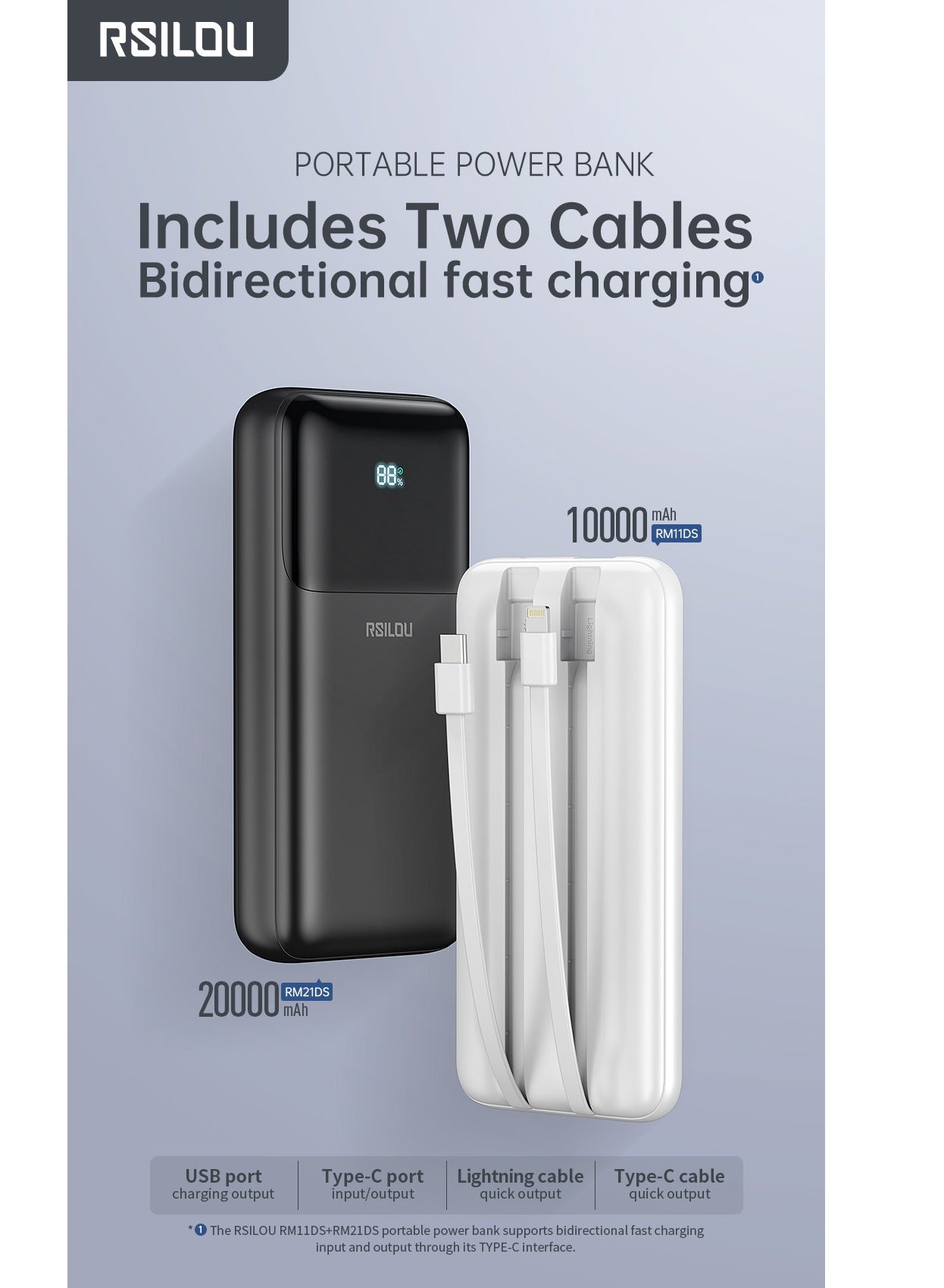 R1012-002 Dual Cabled Power Bank 10000mAh Capacity, Cabled Power Bank, Fast Charging, Digital Display, 22.5W Output Power, PD, 4 Output Ports, Built-in Type-C and Lightning Cables