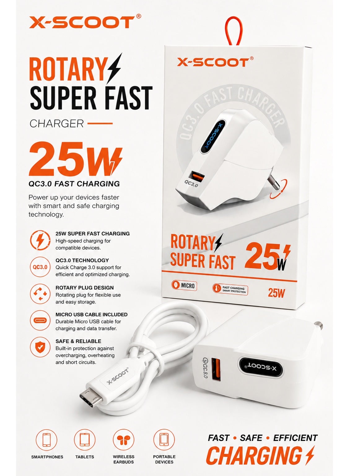 25W QC 3.0 Super Fast Wall Charger, USB Quick Charge Power Adapter, Compact Fast Charging Plug for Smartphones, Tablets, Power Banks and USB Compatible Devices With a USB To Micro Cable