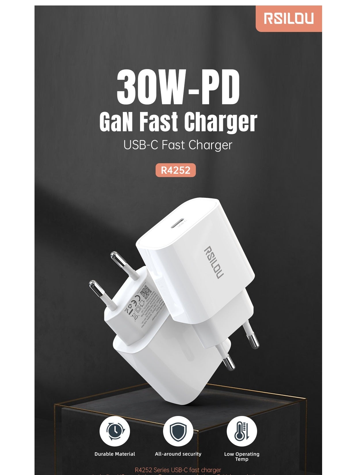 R4252-001 30W USB-C Super Fast Charger, Power and Efficiency Redefined, GaN, PPS Support, Supports apple and all smartphones, tablets, Bluetooth headphones, and more, MultiProtect Protection