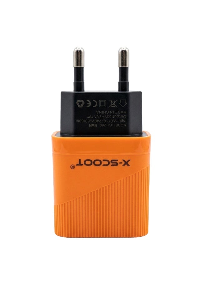 15W Dual USB Micro USB Fast Charging Wall Charger – Orange Compact Travel Power Adapter, Universal 110-240V 50/60Hz Input, Smart Fast Charge for Smartphones & Devices, Portable Home Office Charging Solution