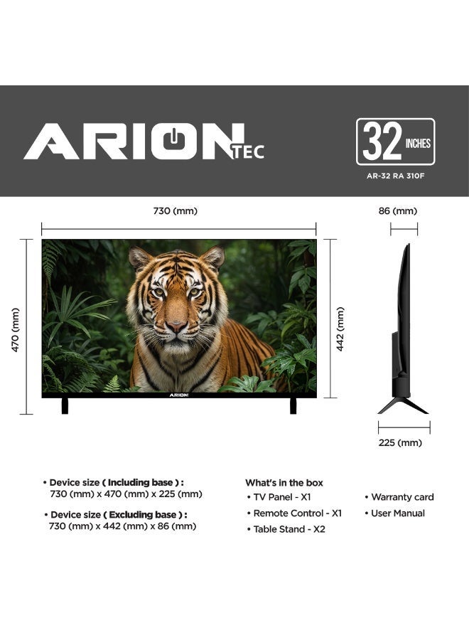 Arion 32-Inch Frameless HD LED TV | 100,000:1 Contrast, Wide Viewing Angle, & Stereo Sound | AR-32RA 310F