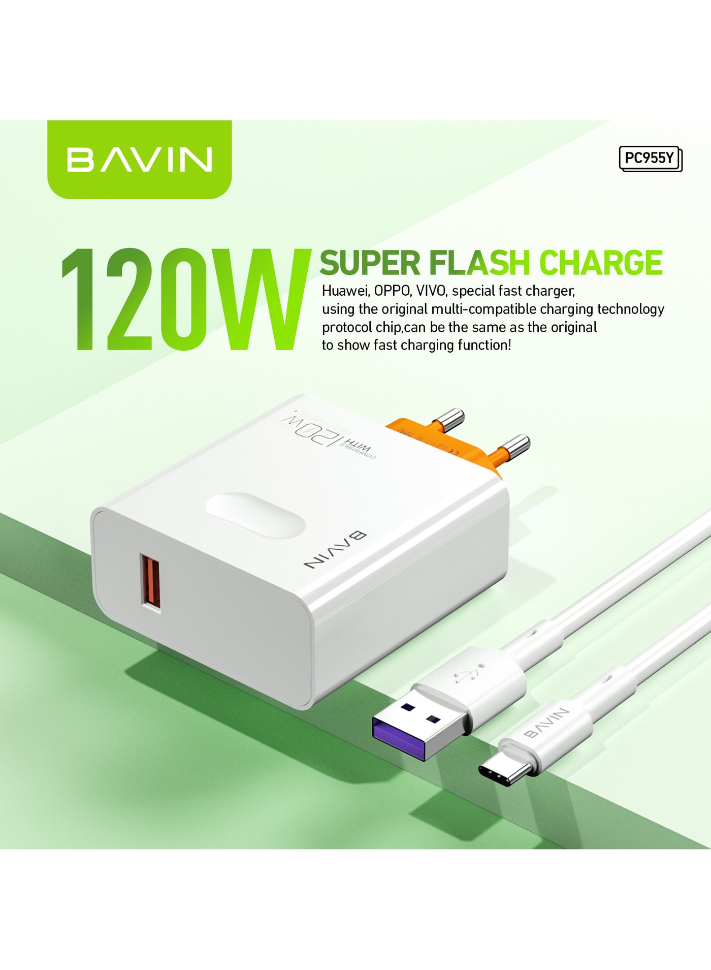 120W Android Phone Charger Hypercharge Turbo Fast Wall Charger Compatible with Huawei and OPPO and Vivo - White