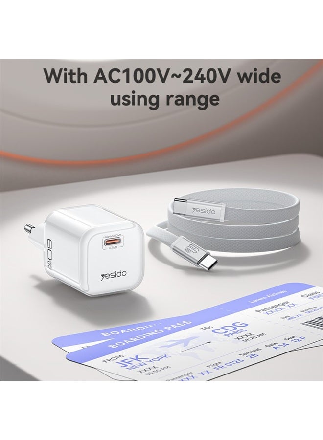 Yesido YC117 60W GaN Fast Wall Charger USB-C Port with Type-C to Type-C Cable AVS Clear Layer White - 2 Pieces