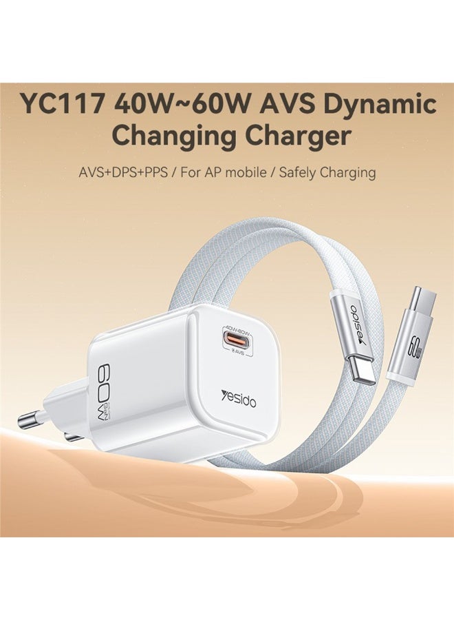 Yesido YC117 60W GaN Fast Wall Charger USB-C Port with Type-C to Type-C Cable AVS Clear Layer White - 2 Pieces