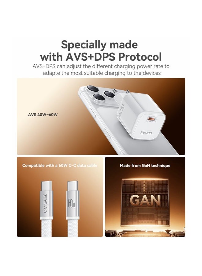 Yesido YC117 60W GaN Fast Wall Charger USB-C Port with Type-C to Type-C Cable AVS Clear Layer White - 2 Pieces