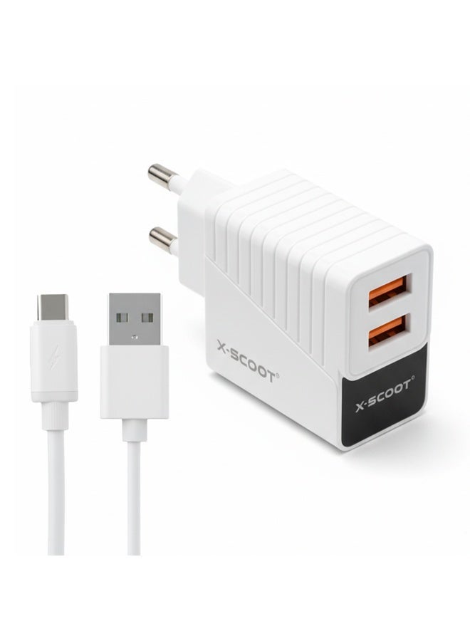 CH-232 LED Fast Charger 2.4A with Dual USB Ports, Included Type-C Cable, Fire-Resistant Build, and Advanced Current Protection for Safe Everyday Charging