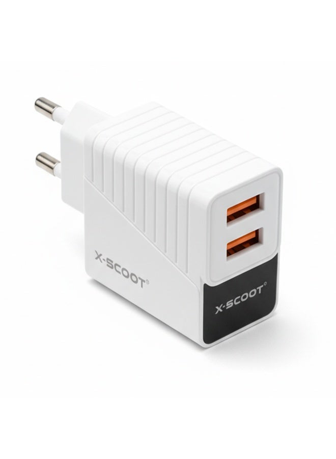 CH-232 LED Fast Charger 2.4A with Dual USB Ports, Included Type-C Cable, Fire-Resistant Build, and Advanced Current Protection for Safe Everyday Charging
