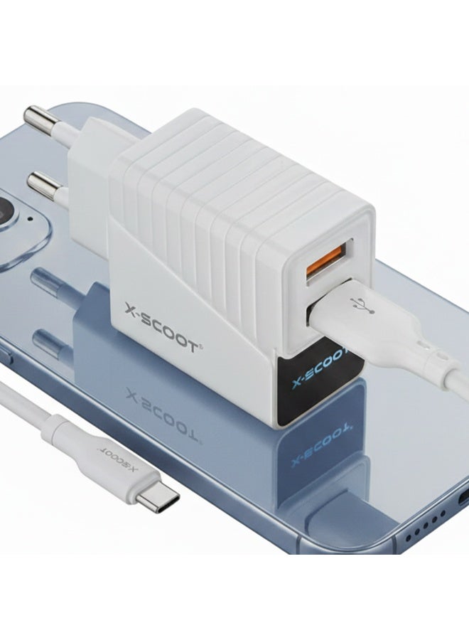 CH-232 LED Fast Charger 2.4A with Dual USB Ports, Included Type-C Cable, Fire-Resistant Build, and Advanced Current Protection for Safe Everyday Charging