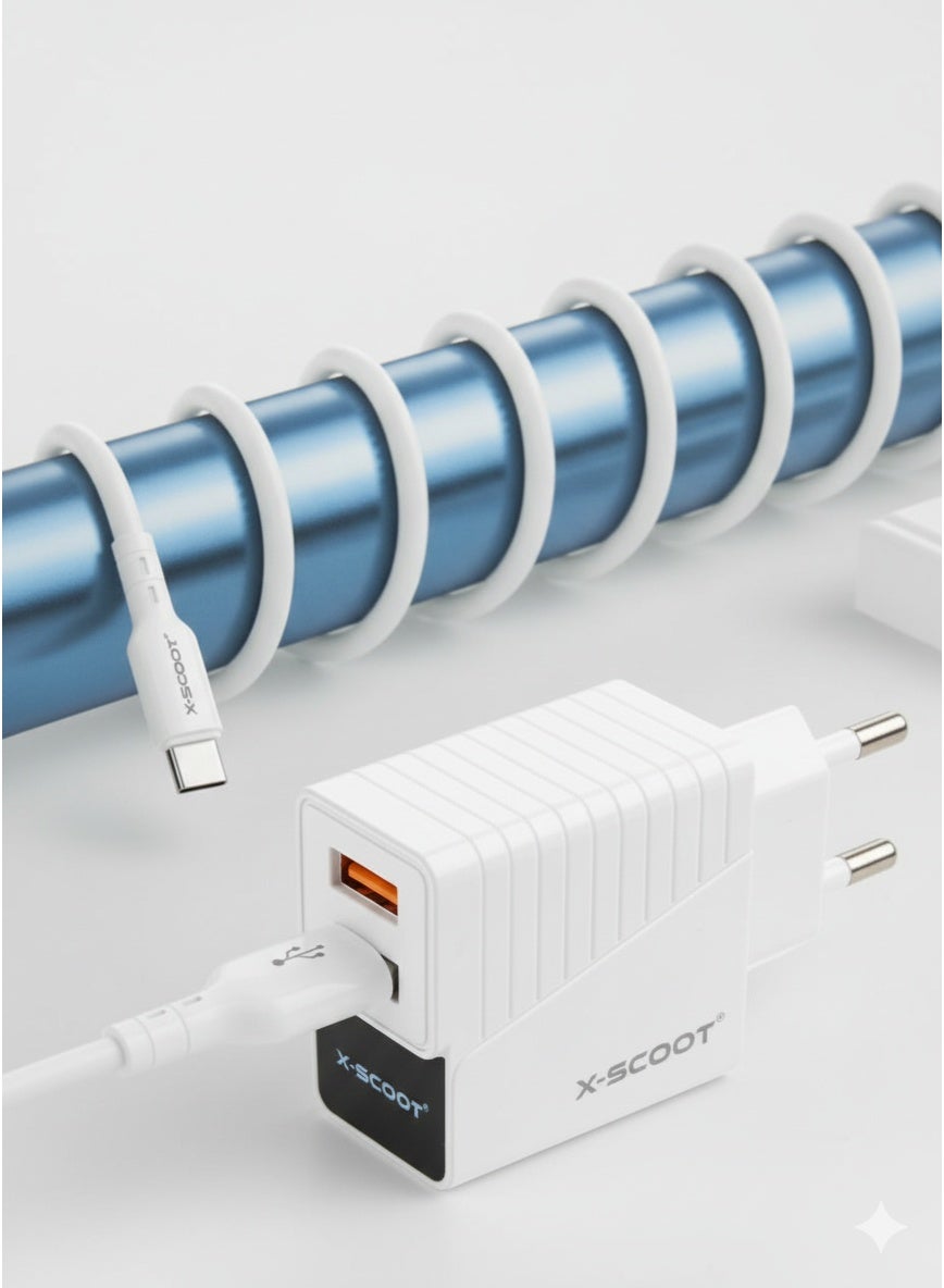 CH-232 LED Fast Charger 2.4A with Dual USB Ports, Included Type-C Cable, Fire-Resistant Build, and Advanced Current Protection for Safe Everyday Charging