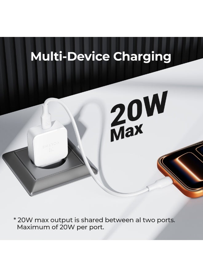 VOLTME Revo 20W Lite Ultrathin White, Portable USB-C Wall Charger Dual Port Fast Charge AC PD3.0 PPS Adapter Compatible with iPhone 14/13/Pro/Pro Max/12/11, Galaxy Note, Xiaomi/Huawei/Pixel