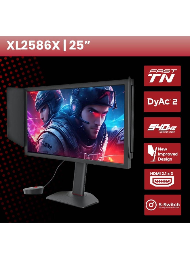 XL2586X 24.1" FHD 540Hz Esports Gaming Monitor, Fast TN 0.5ms, Motion Clarity DyAc2, XL Setting to Share, S Switch, Shielding Hood, Precise Industrial Grade Bearing, Black