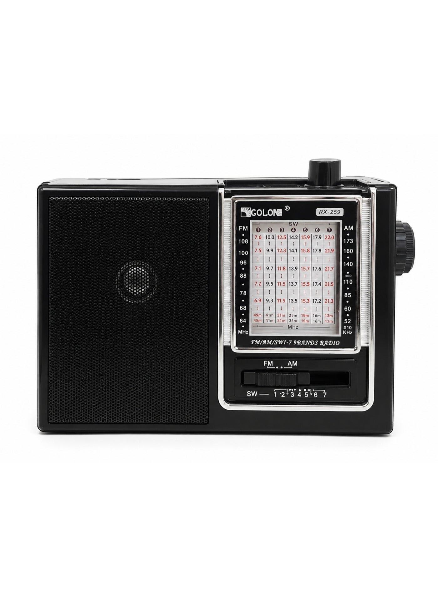 RX-259 Portable Vintage Radio Speaker – FM/AM/SW1–7 9-Band Radio, Powerful 3-Inch Speaker with Stereo Sound, High-Sensitivity Reception, 360° Telescopic Antenna, Solar & Rechargeable Battery Support, Headphone Jack, AC/DC Dual Power Supply, Compact Retro Design, Ideal for Home, Camping, Travel & Emergency Use – Black