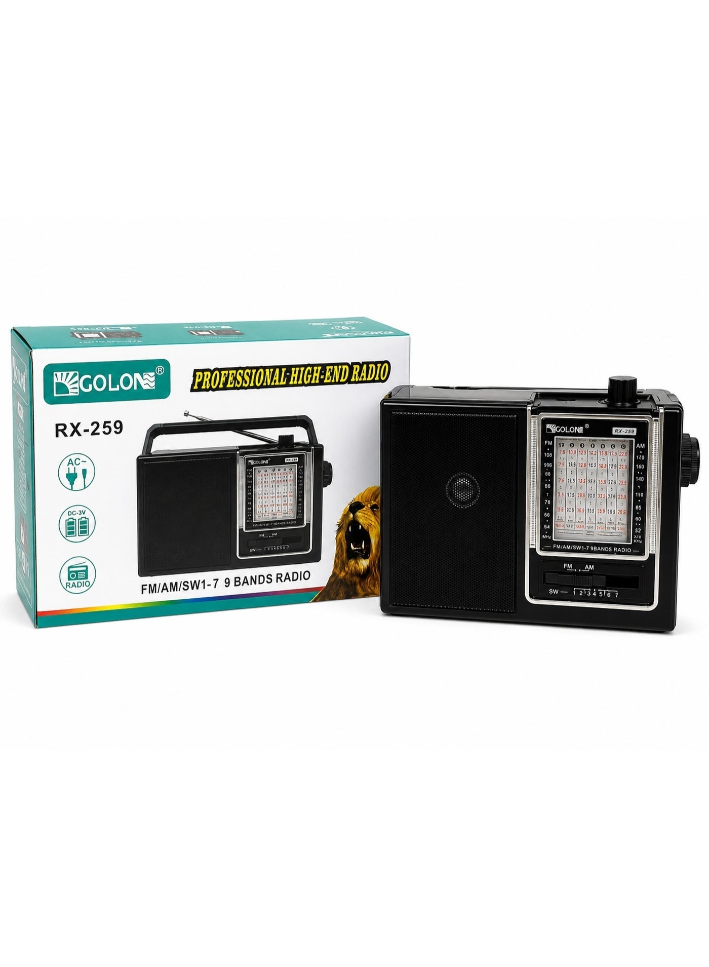 RX-259 Portable Vintage Radio Speaker – FM/AM/SW1–7 9-Band Radio, Powerful 3-Inch Speaker with Stereo Sound, High-Sensitivity Reception, 360° Telescopic Antenna, Solar & Rechargeable Battery Support, Headphone Jack, AC/DC Dual Power Supply, Compact Retro Design, Ideal for Home, Camping, Travel & Emergency Use – Black