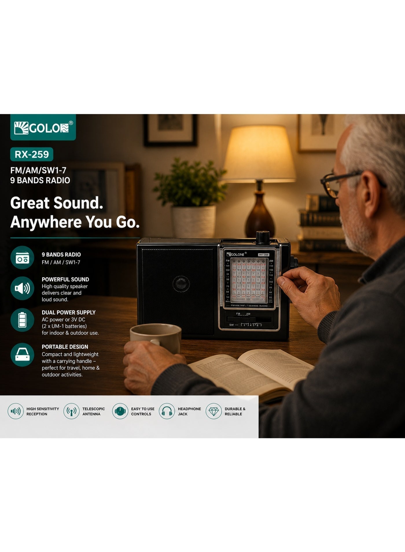 RX-259 Portable Vintage Radio Speaker – FM/AM/SW1–7 9-Band Radio, Powerful 3-Inch Speaker with Stereo Sound, High-Sensitivity Reception, 360° Telescopic Antenna, Solar & Rechargeable Battery Support, Headphone Jack, AC/DC Dual Power Supply, Compact Retro Design, Ideal for Home, Camping, Travel & Emergency Use – Black