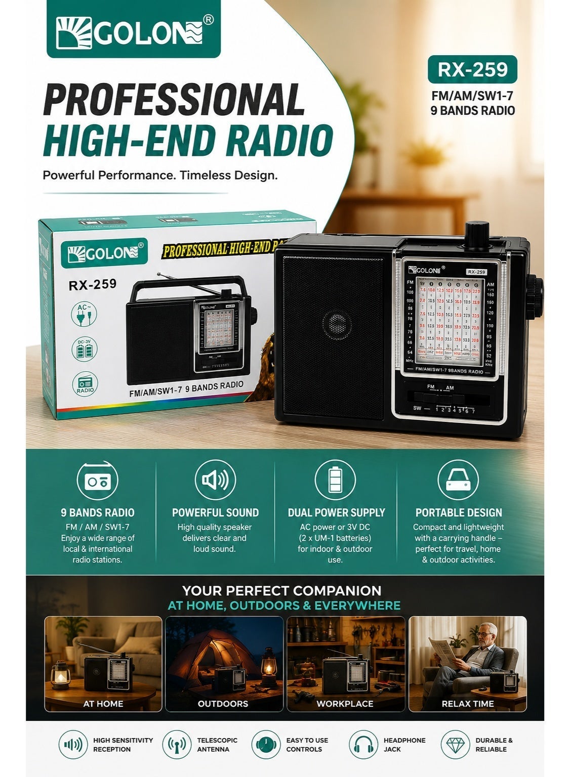 RX-259 Portable Vintage Radio Speaker – FM/AM/SW1–7 9-Band Radio, Powerful 3-Inch Speaker with Stereo Sound, High-Sensitivity Reception, 360° Telescopic Antenna, Solar & Rechargeable Battery Support, Headphone Jack, AC/DC Dual Power Supply, Compact Retro Design, Ideal for Home, Camping, Travel & Emergency Use – Black