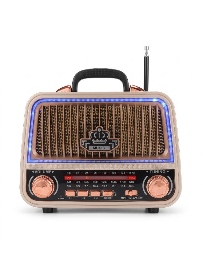 MEIER Retro FM/AM/SW 3-Band Radio With Bluetooth Speaker & Rechargeable Battery Rose Gold Portable MD-1310BT