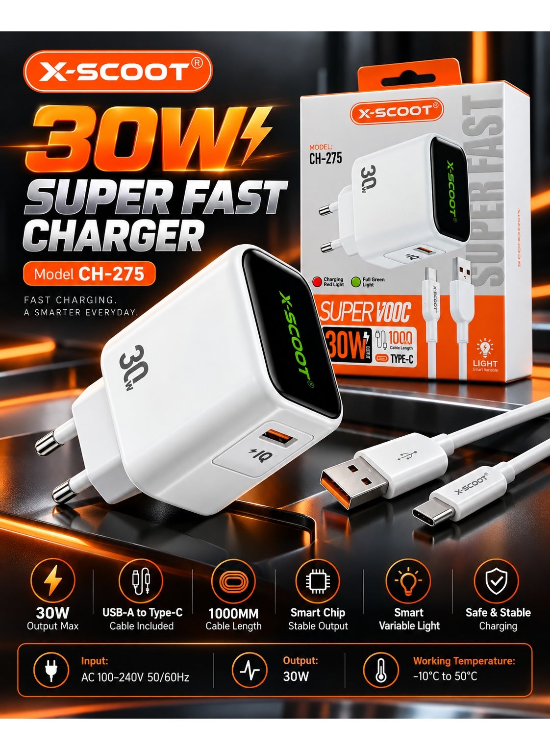 CH-275 30W Super Fast Wall Charger with Type-C Cable, Super VOOC Fast Charging, Smart LED Charging Indicator, Intelligent Chip, Safe Stable Power Output, AC 100-240V Smartphone Charger