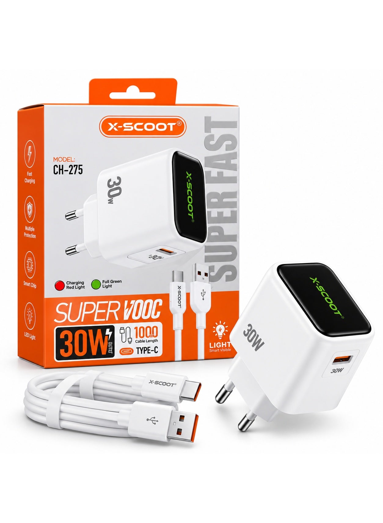 CH-275 30W Super Fast Wall Charger with Type-C Cable, Super VOOC Fast Charging, Smart LED Charging Indicator, Intelligent Chip, Safe Stable Power Output, AC 100-240V Smartphone Charger