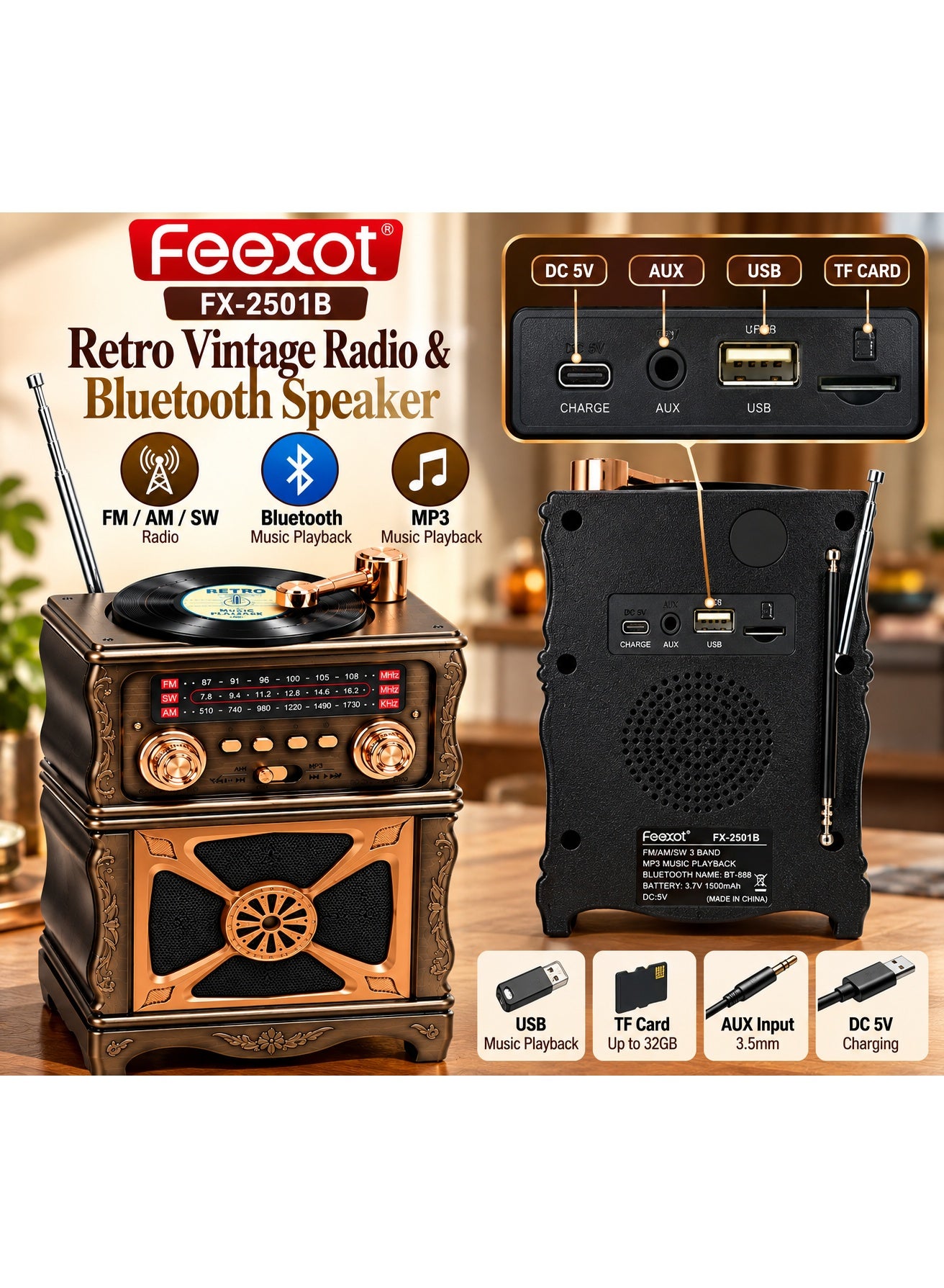 Feexot FX-2501B Retro Vintage 3-Band Radio & Bluetooth Speaker with USB, TF Card, AUX, MP3, Rechargeable Battery