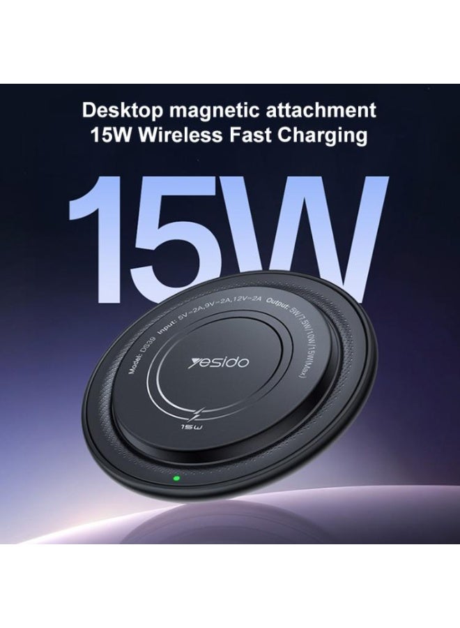 Yesido DS39 15W Magnetic Wireless Charger - Fast Charging Round Desktop Pad for Smartphones & Earbuds - Black