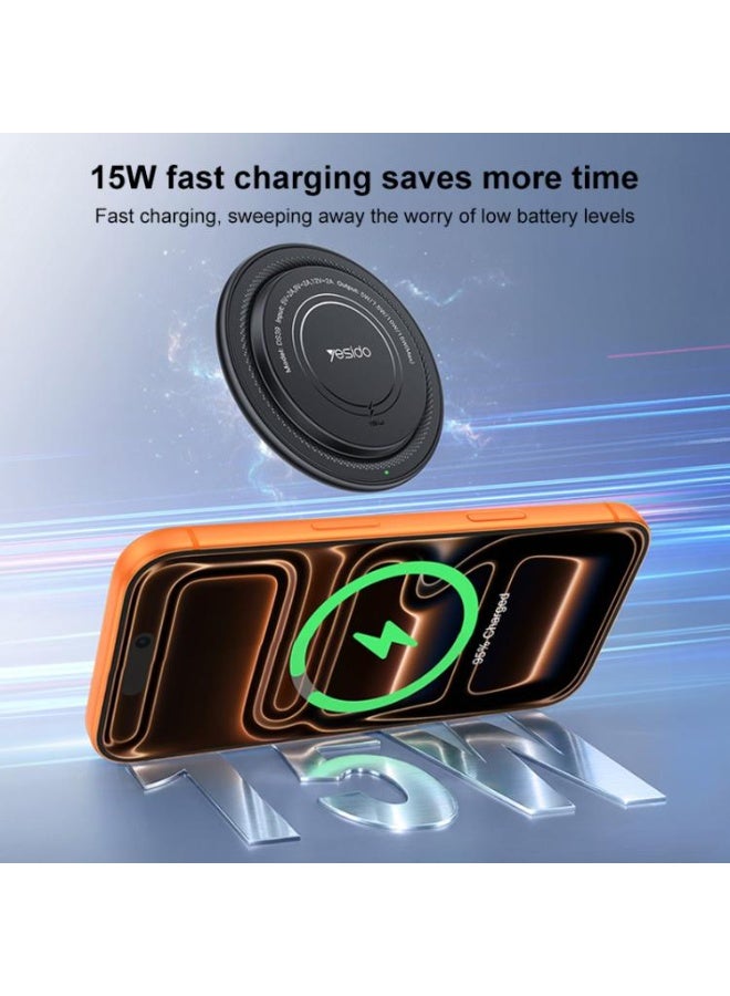 Yesido DS39 15W Magnetic Wireless Charger - Fast Charging Round Desktop Pad for Smartphones & Earbuds - Black