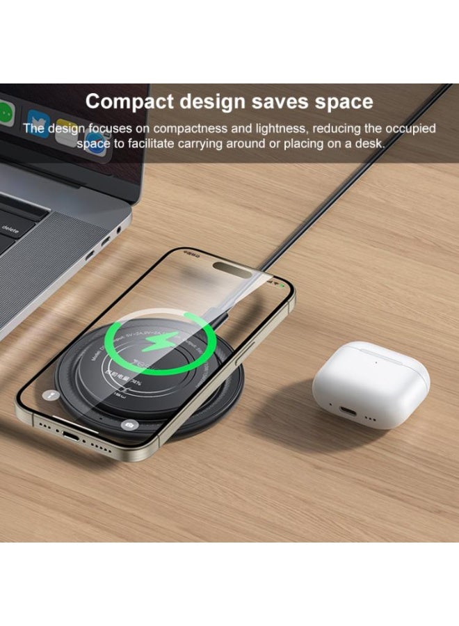 Yesido DS39 15W Magnetic Wireless Charger - Fast Charging Round Desktop Pad for Smartphones & Earbuds - Black