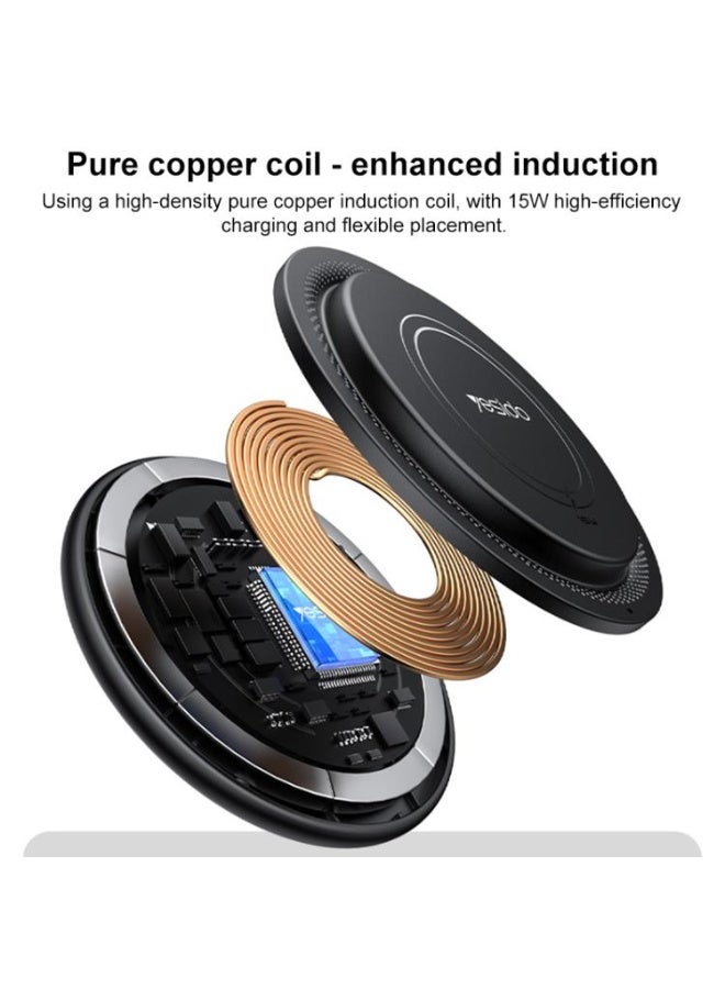 Yesido DS39 15W Magnetic Wireless Charger - Fast Charging Round Desktop Pad for Smartphones & Earbuds - Black