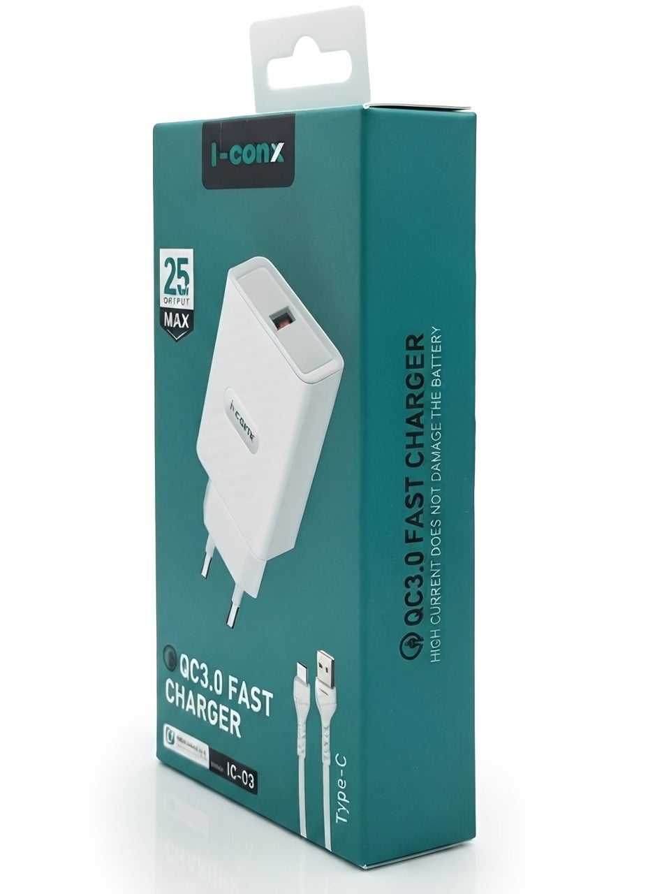 IC-03 25W QC 3.0 Fast Wall Charger with USB-C Cable – Qualcomm Quick Charge 3.0 USB-A Charging Adapter, Smart Fast Charging, Travel Charger with Multi-Protection for Samsung Galaxy, Xiaomi, OPPO, Huawei & USB-C Devices