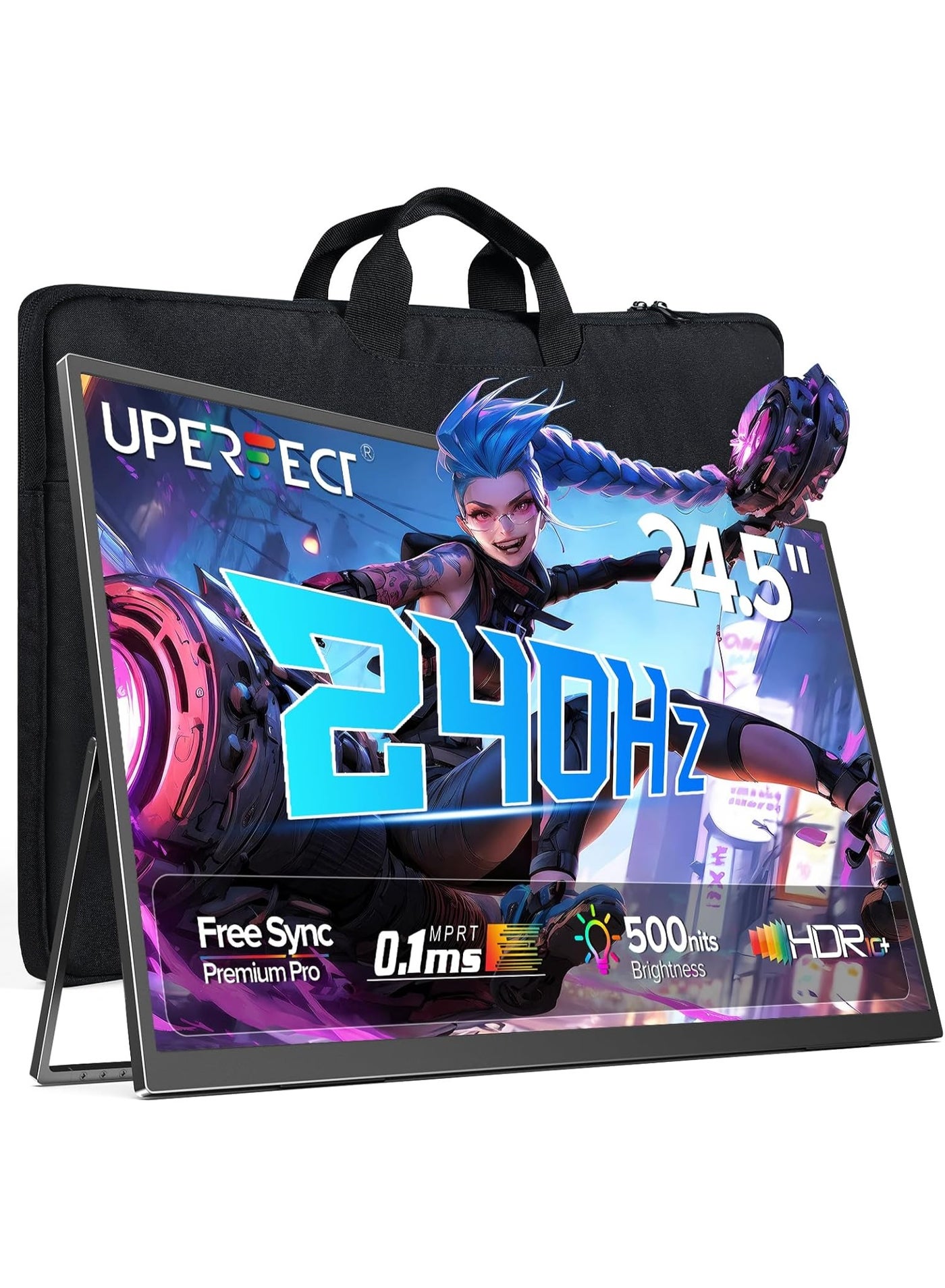 UPERFECT 24.5" Portable Gaming Monitor - 240Hz, 2000:1 Contrast, FreeSync, 0.1ms Fast IPS, Built-in 180° Adjustable Stand/VESA, USB-C & HDMI Second Screen for Laptop, Phone, and Game Consoles